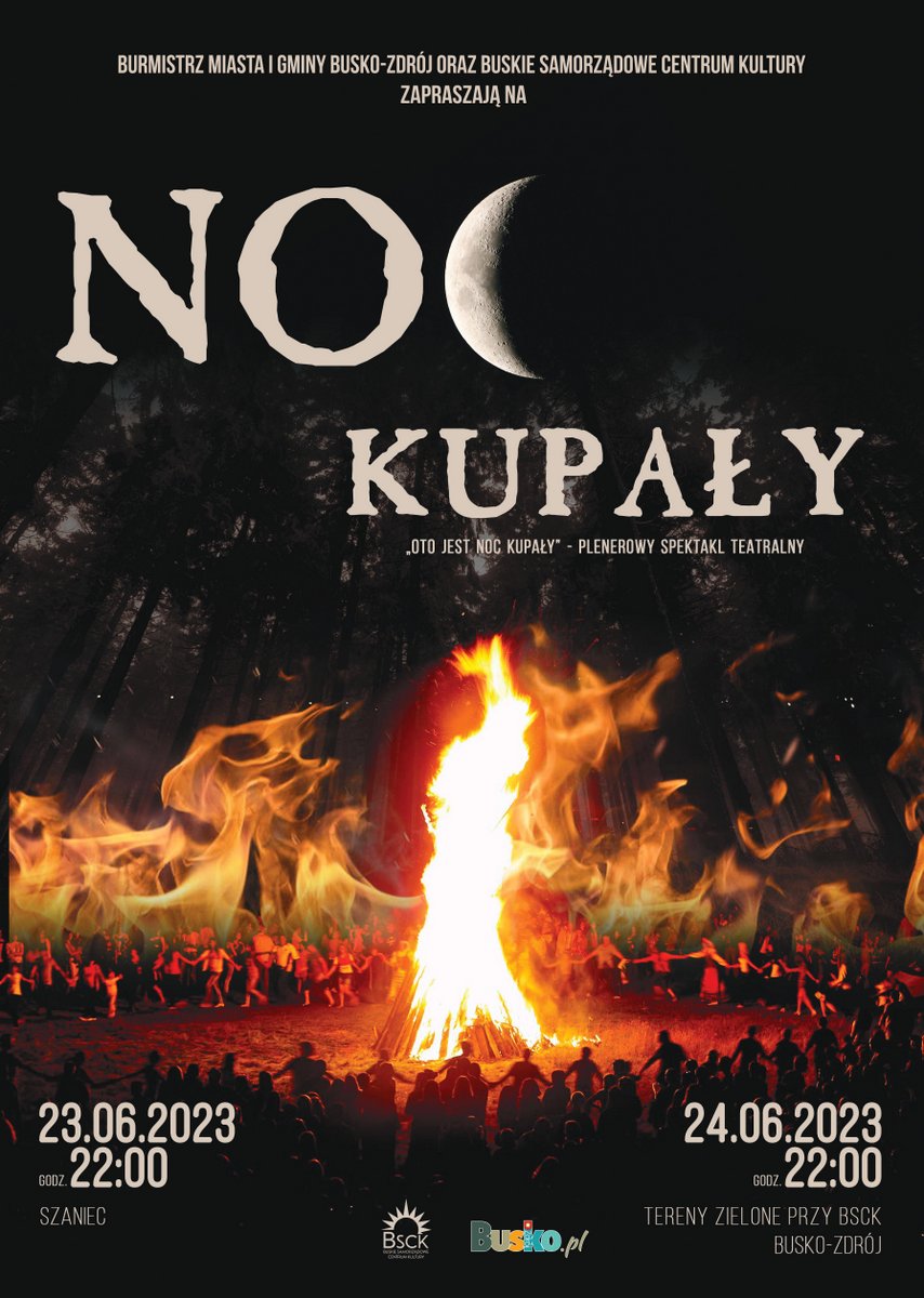 plakat promujący widowisko Noc Kupały, ludzie tańczący wokół ogniska w nocy w lesie