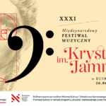 grafika promująca festiwal, w tle twarz kobiety