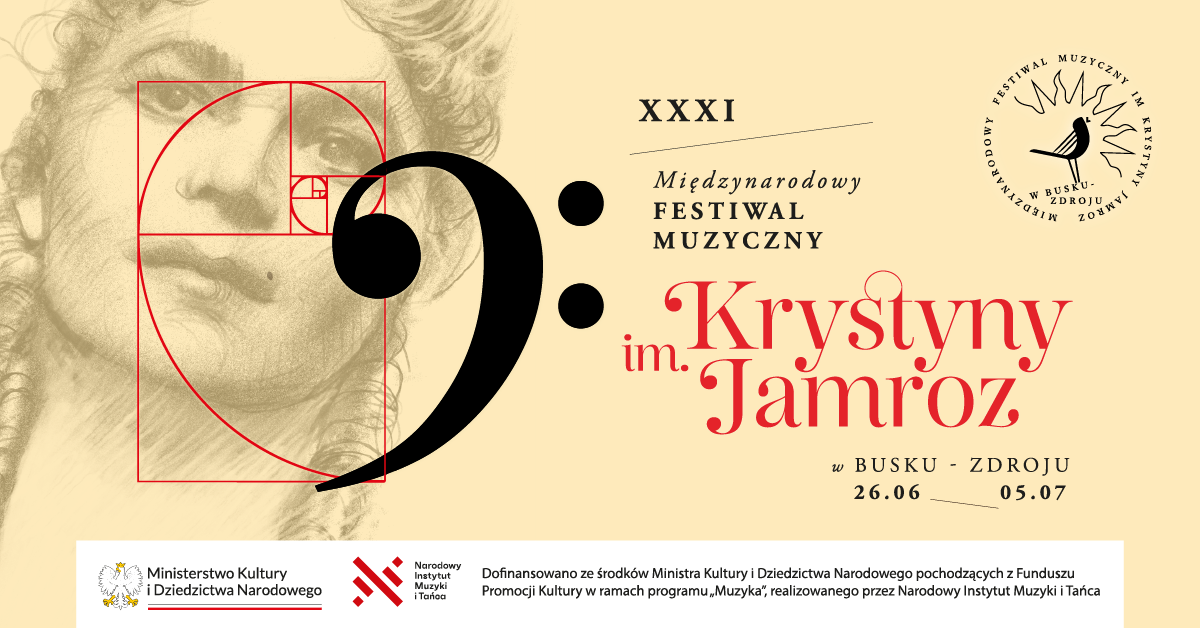 grafika promująca festiwal, w tle twarz kobiety