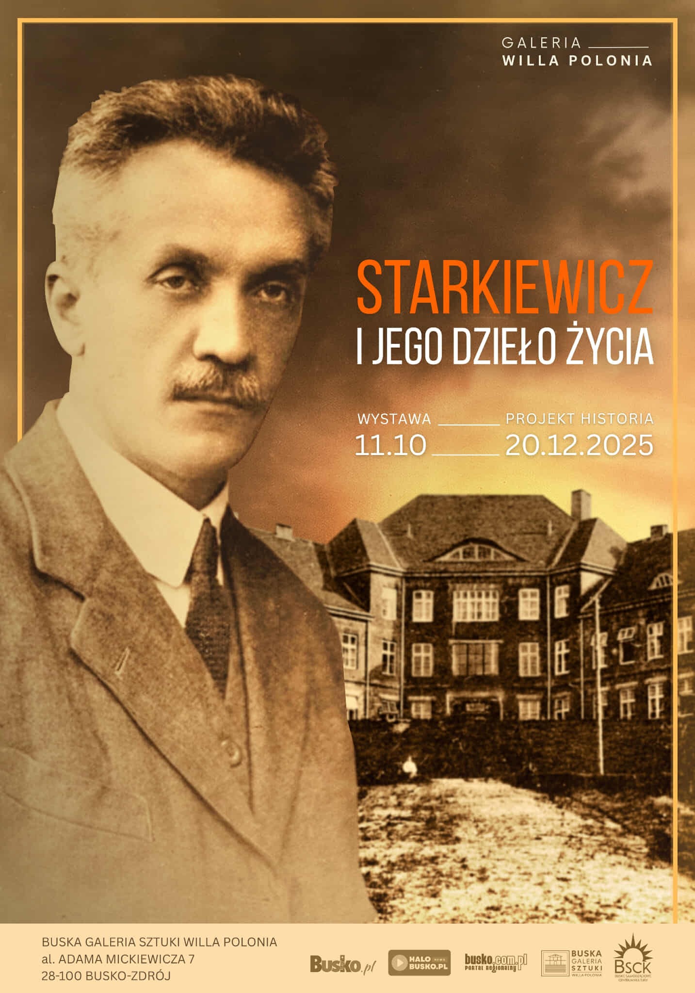 plakat promujący wystawę, postać mężczyzny, w tle zabudowania szpitalne